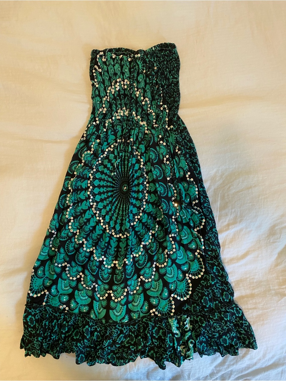 Y2K Strapless Boho sequinned Maxi Dress in Teal and Black
